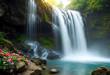 Cascading Waterfall with Lush Greenery and Turquoise Pool Landscape
