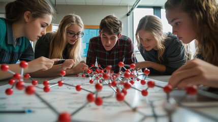 Group of Students Working on Science Project with Molecular Model in Classroom