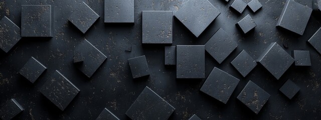 Dynamic black squares and triangles on a dark background. Geometric design for banner template with white space in the center for text. Simple modern wallpaper with copy space.