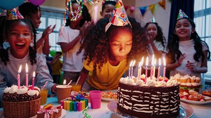 A lively birthday party video scene with children around a table, colorful balloons, and streamers. Shot from a low angle capturing the festive atmosphere. - Powered by Adobe