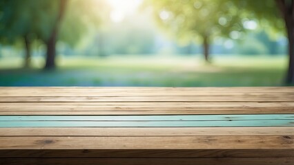 "Empty Wooden Table Outdoors with a Spring Blue Sunny Sky, Sunlight, and Bokeh Blur – Counter Display Concept"