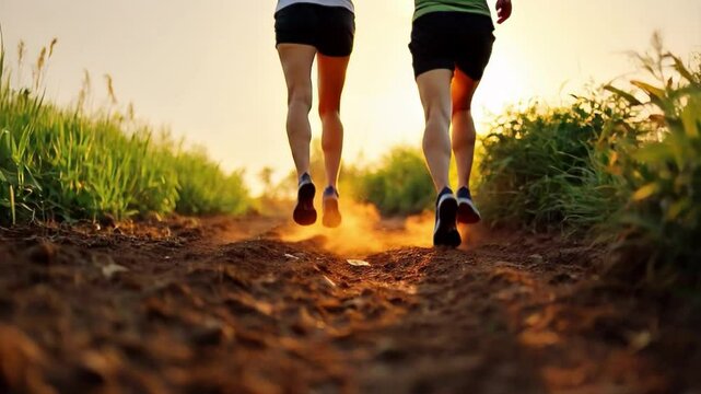 Two runners jogging on a sunlit path in the countryside.