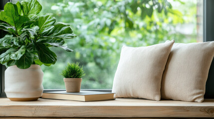Fototapeta premium Cozy reading nook with soft pillows, plants, and warm light for relaxation