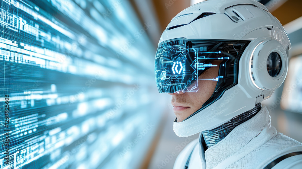 Poster futuristic robot with high tech visor stands against digital backdrop