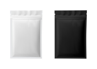 Black and white paper pouch. White sachet vector blank package mockup, small template, sugar or tea container. Pillow bag, matte wrap, soup, candy or chocolate cover sample. Snack packaging 