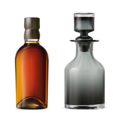 Whiskey bottle with decanter mockup, vector illustration. Luxury bourbon drink amber bottle design. Transparent decanter, crystal container for alcohol beverage, rum, cognac