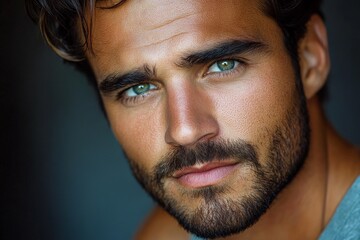 Obraz premium Captivating close-up of a man with striking blue eyes showcasing a rugged look and confident expression