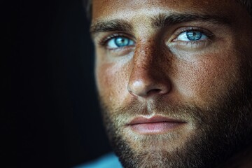 Obraz premium Close-up portrait of a man with striking blue eyes and a well-groomed beard in natural lighting