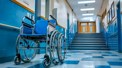 Empty Wheelchair in a Hospital Corridor