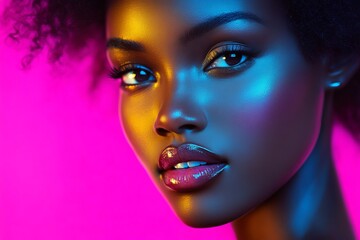 Portrait of a woman with glowing skin and vibrant lighting, showcasing beauty and character in a studio setting