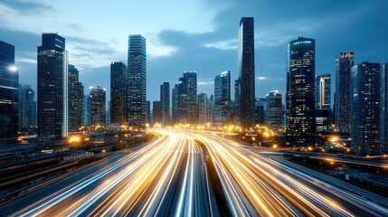 Obraz premium vibrant city skyline at dusk with illuminated skyscrapers and light trails
