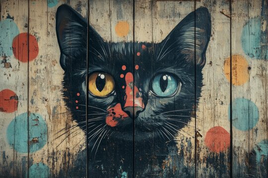 Colorful mural of a black cat's face with vibrant eyes and playful patterns on weathered wooden boards