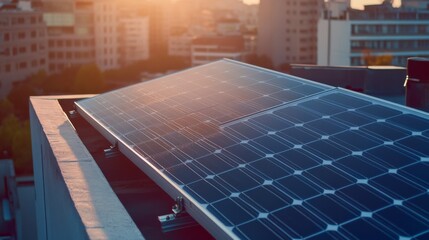 Solar panel installation on a rooftop. Featuring renewable energy solutions. Highlighting sustainable living and green technology. Ideal for environmental awareness campaigns.