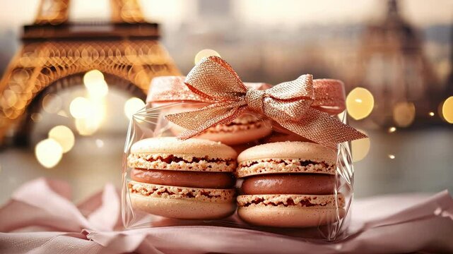 macaroons on the background of the Eiffel Tower. Selective focus