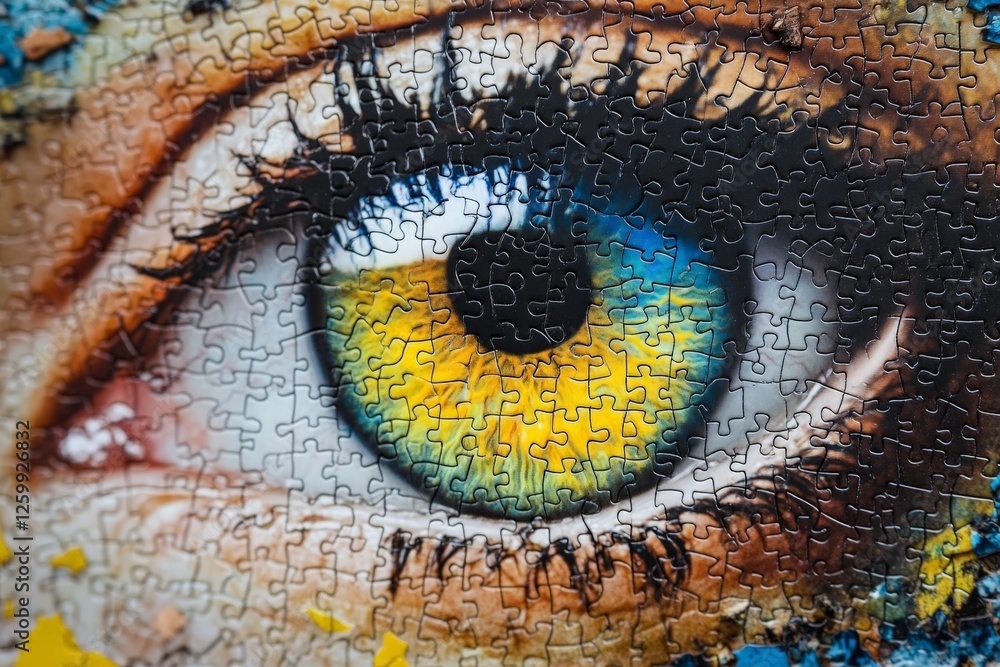 Poster close-up of a vibrant puzzle piece design featuring a human eye with intricate details and colors ag