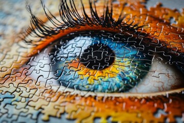 Vibrant eye puzzle pieces showcasing detailed colors and textures of an eye in a captivating artistic arrangement