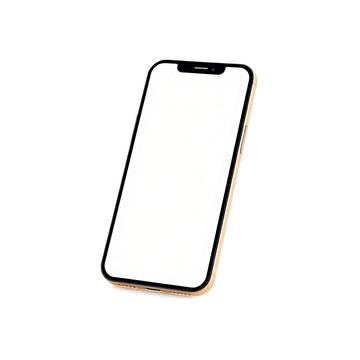 A 3D render of a modern smartphone with a blank screen, tilted slightly, isolated on a white background