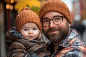 Obraz premium Father and daughter wearing matching hats enjoy a stroll in a colorful urban setting during fall