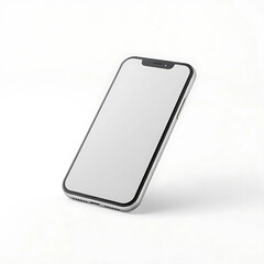 A 3D render of a modern smartphone with a blank screen, tilted slightly, isolated on a white background.