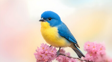 Naklejka premium Blue bird perched on pink flowers, spring, nature