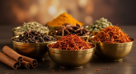 Assorted Spices Still Life Saffron, Cinnamon, Anise, Curry and Herbs