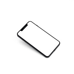 A 3D render of a modern smartphone with a blank screen, tilted slightly, isolated on a white background. High angle perspective, strong moody style, low contrast, minimalist aesthetic, elevated view.