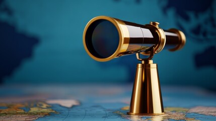 Golden telescope positioned on a world map, symbolizing exploration and adventure in travel