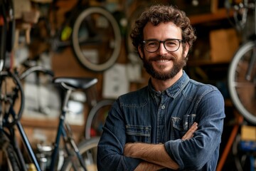 Fototapeta premium Man smiles confidently while standing in a bicycle workshop filled with various bikes and tools