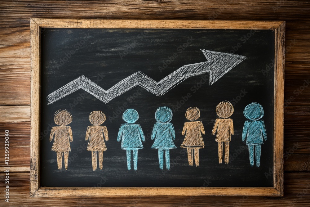Poster growth in numbers represented by colorful chalk figures on a blackboard with an upward arrow