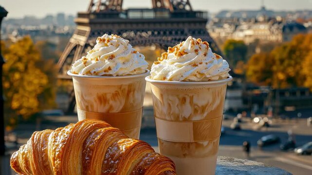 coffee croissant on paris background. Selective focus
