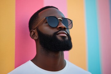 Obraz premium Man with sunglasses poses confidently against colorful striped wall in urban setting during bright daylight