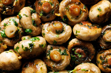 Garlic butter mushrooms with parsley and black pepper, close-up view. Mushroom background