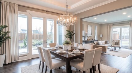 Elegant Dining Room with French Doors and Open Floor Plan