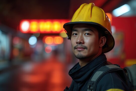 40 years old Japanese male firefighter looking at camera against blurred firestation background.