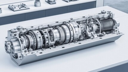 High-detail gear machinery with motion blur on a metallic gray background