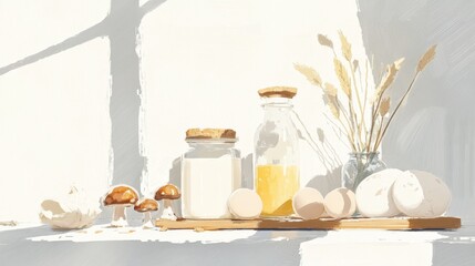 A fresh assortment of baking ingredients including mushrooms, eggs, and milk on a table, ideal for holiday cooking preparations