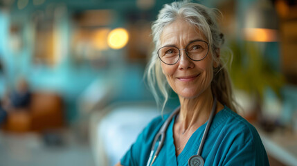 Elderly female nurse with silver hair wearing glasses and scrubs smiling warmly in a nursing home setting