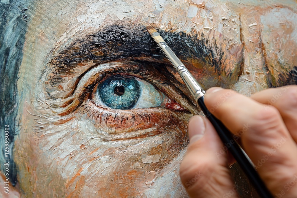 Aufkleber close-up of an artist detailing a realistic eye in a portrait with fine brushwork in a studio settin