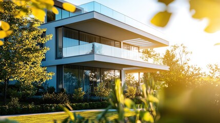 Fototapeta premium Modern Architecture Home in Lush Green Landscape at Golden Hour