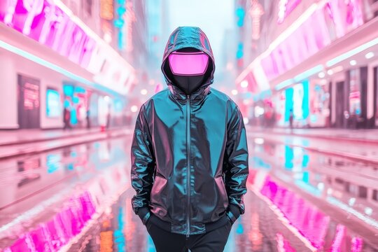 Mysterious hooded figure in glossy black jacket with futuristic visor walking through neon-lit cyberpunk city, reflecting vibrant colors of urban night.