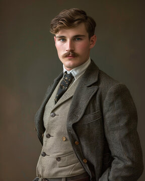 Handsome young gentleman in vintage 1910s attire with tailored suit and elegant mustache