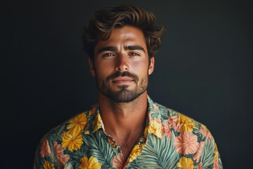 Young man wearing floral shirt poses confidently in front of dark background