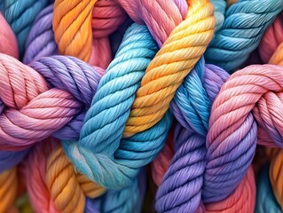 a close-up of colorful, intertwined ropes in shades of pink, blue, purple, and yellow, creating a visually appealing and intricate pattern.