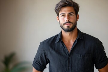 Obraz premium Confident man with dark hair and beard posing indoors in casual black shirt during daylight
