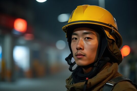 40 years old Korean male firefighter looking at camera against blurred firestation background.