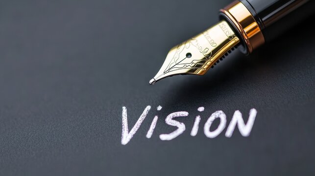 Close-up of a fountain pen writing the word 'VISION' on a dark surface, symbolizing creativity and ideas