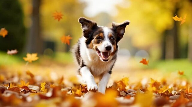 Energetic Border Collie bounding through autumn leaves