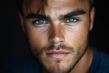 Obraz premium Close-up portrait of a young man with striking blue eyes and defined facial features showcasing natural beauty and confidence