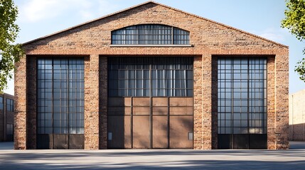 A large industrial-style brick building with three tall, black-framed glass doors and a large arched window above the central door.
