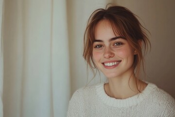 Young woman with a radiant smile sitting by the window in a cozy setting during daylight hours